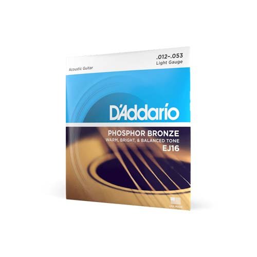 Cordas D'Addario Phosphor Bronze EJ16 Violão Aço .012" têm timbre macio, quente com brilho equilibrado.